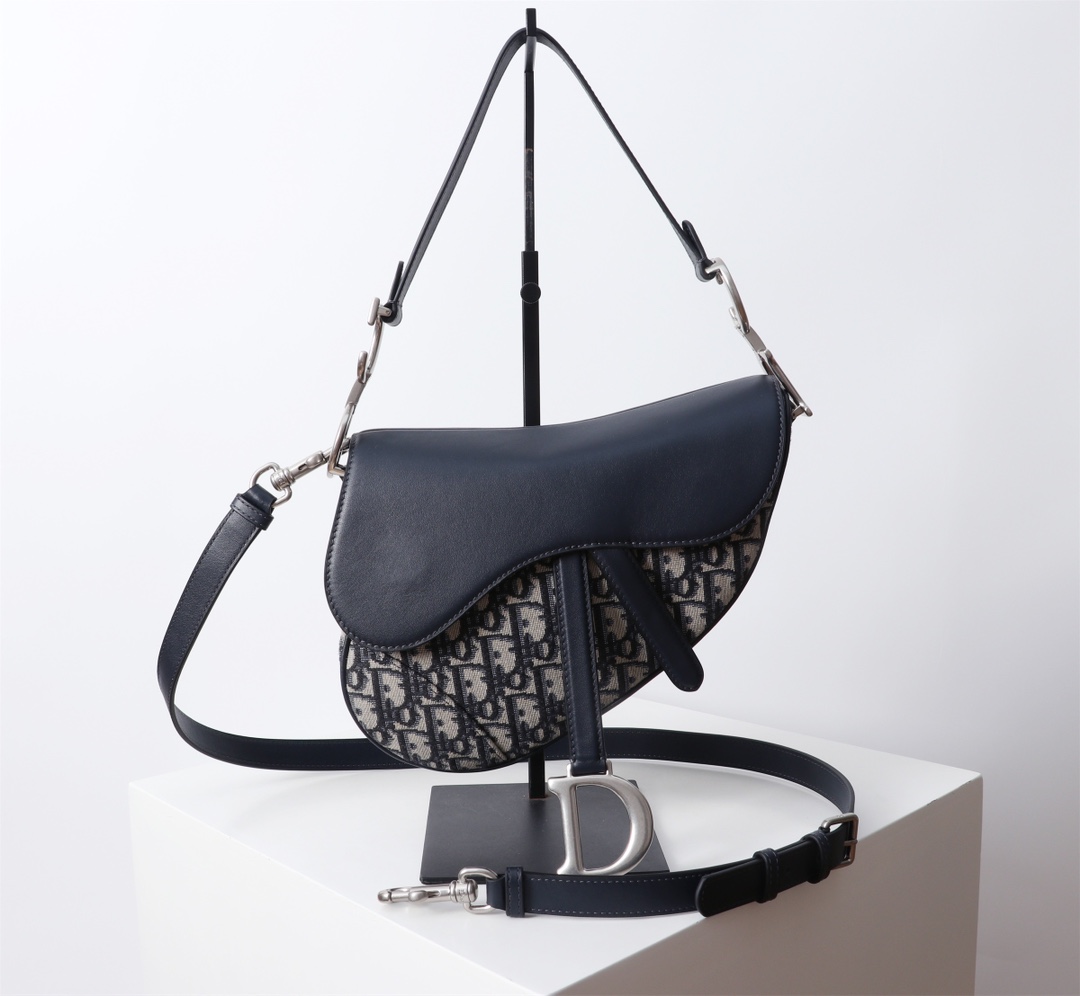 Saddle Bag Blue Dior Oblique Jacquard and Black Calfskin